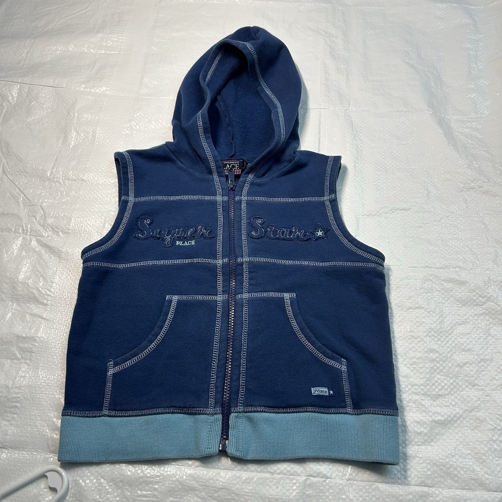 The Children's Place Girls M (7/8) Blue Fleece Zip-Up Hooded Vest "Super Star"